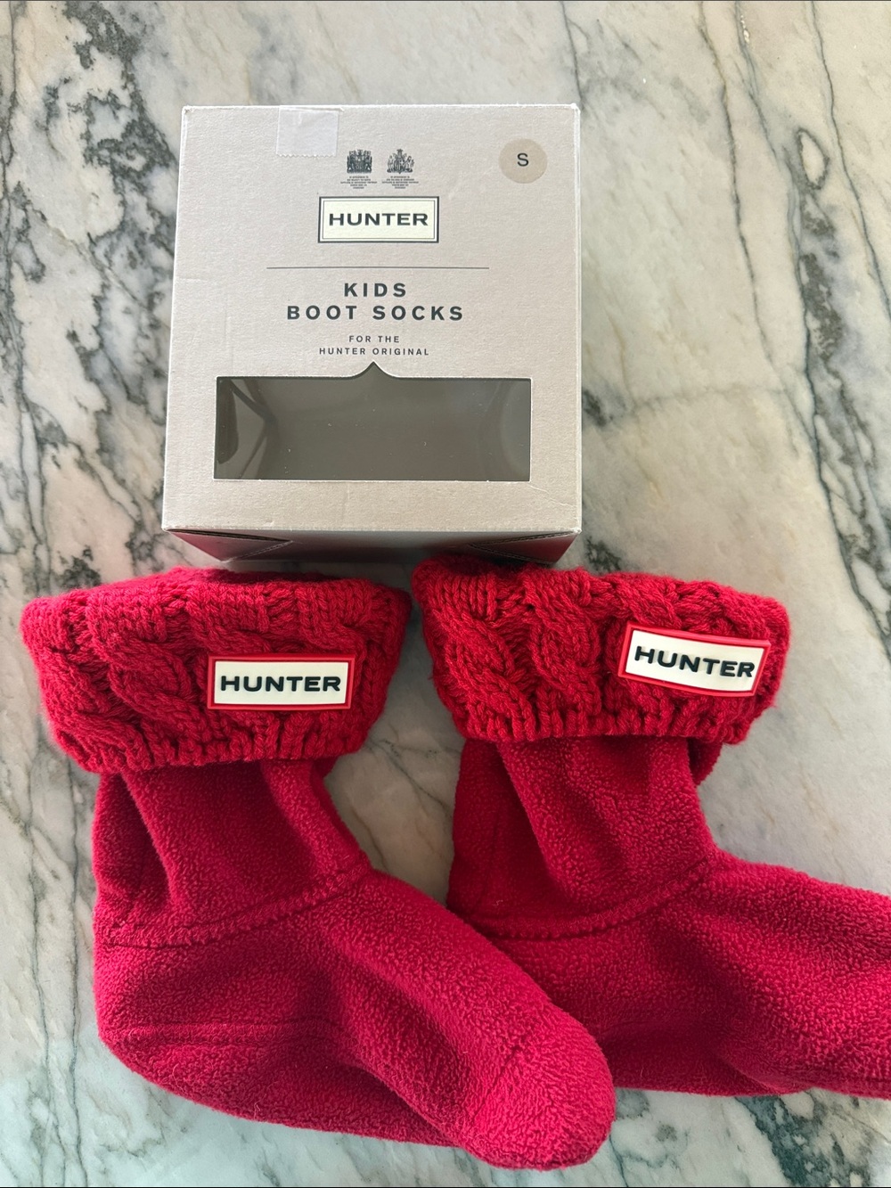 Hunter Kids Bright Red Boot Socks with Cable Knit Cuff size small